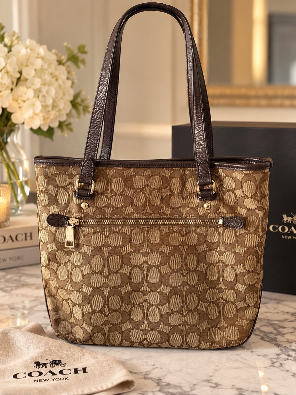 Coach Brown Signature Canvas Tote with Dark Brown Trim